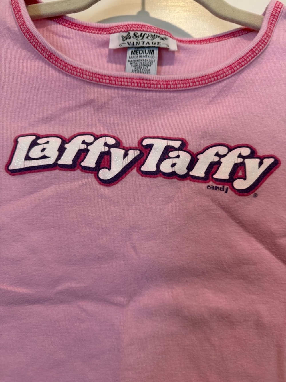Y2K Vintage Pink Laffy Taffy Logo Short Sleeve Top Baby Tee - Picture 2 of 4